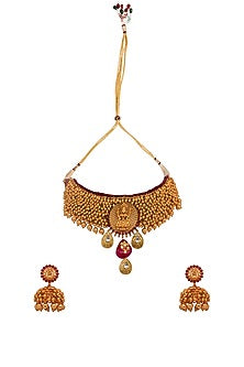 Micro Gold Finish Temple Choker Necklace Set With Red Onyx