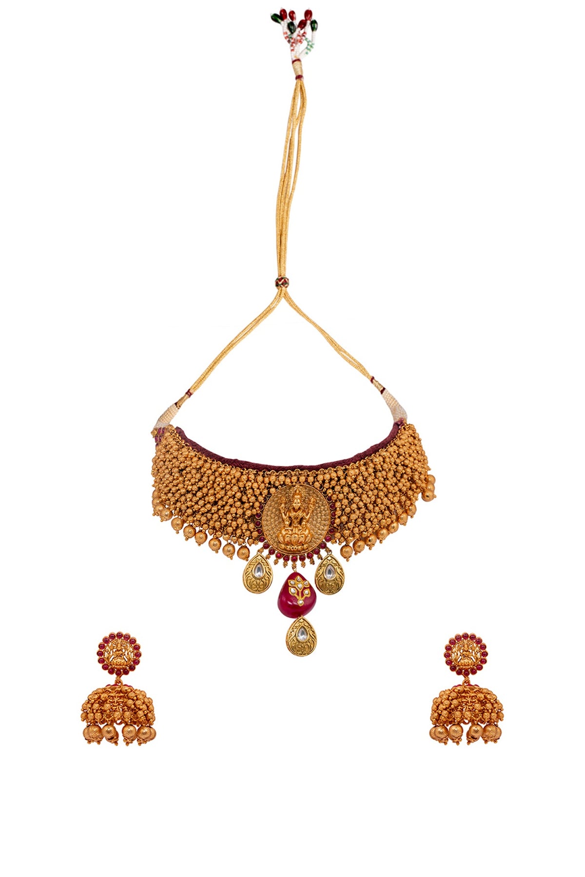 Micro Gold Finish Temple Choker Necklace Set With Red Onyx