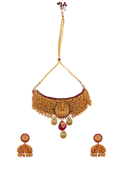 Micro Gold Finish Temple Choker Necklace Set With Red Onyx