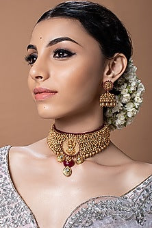 Micro Gold Finish Temple Choker Necklace Set With Red Onyx