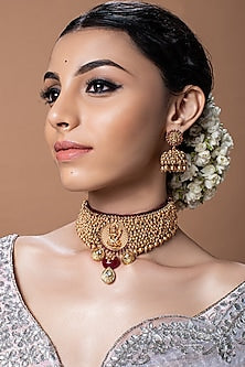 Micro Gold Finish Temple Choker Necklace Set With Red Onyx