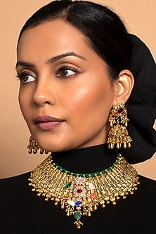 Gold Finish Navratna Stone Necklace Set