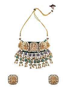 Gold Finish Jade & Pearl Choker Necklace Set
