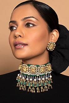 Gold Finish Jade & Pearl Choker Necklace Set