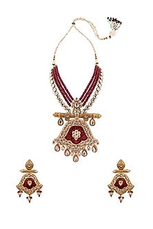 Gold Finish Kundan Polki & Onyx Handcrafted Necklace Set