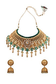 Gold Finish Necklace Set With Kundan Polki