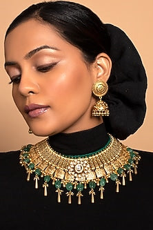 Gold Finish Necklace Set With Kundan Polki