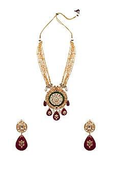 Gold Finish Kundan Polki & Pearl Handcrafted Necklace Set