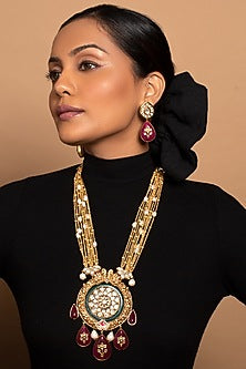 Gold Finish Kundan Polki & Pearl Handcrafted Necklace Set