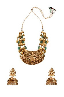 Gold Finish Kundan Polki Hand Carved Necklace Set