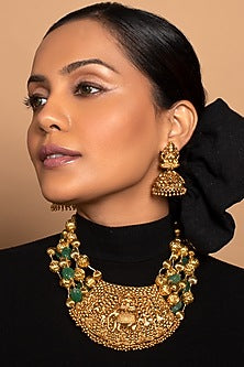 Gold Finish Kundan Polki Hand Carved Necklace Set