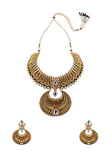Gold Finish Kundan Polki Handcrafted Necklace Set In Brass