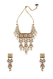 Gold Finish Pearls & Handcrafted Kundan Polki Necklace Set