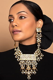 Gold Finish Pearls & Handcrafted Kundan Polki Necklace Set