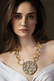 Gold Finish Enameled Pendant Necklace