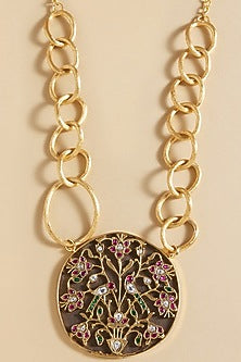 Gold Finish Enameled Pendant Necklace