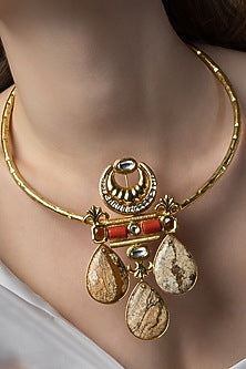 Gold Finish Drops Enameled Torque Necklace