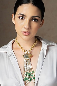 Gold Finish Freshwater Pearl & Jade Beaded Handcrafted Enameled Long Necklace