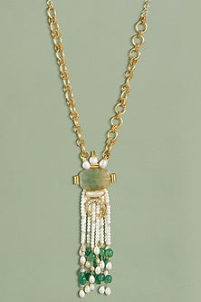 Gold Finish Freshwater Pearl & Jade Beaded Handcrafted Enameled Long Necklace