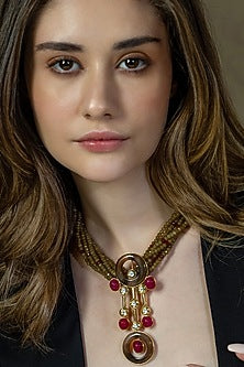 Multi-Colored Red Onyx & Agate Beaded Enameled Handcrafted Necklace