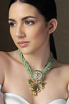 Gold Finish Green Hydro Polki & Agate Beaded Handcrafted Enameled Necklace