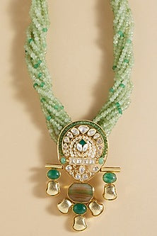 Gold Finish Green Hydro Polki & Agate Beaded Handcrafted Enameled Necklace