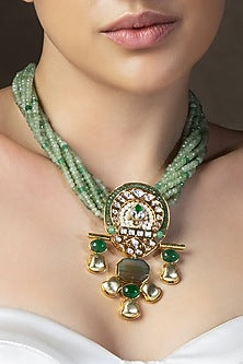 Gold Finish Green Hydro Polki & Agate Beaded Handcrafted Enameled Necklace