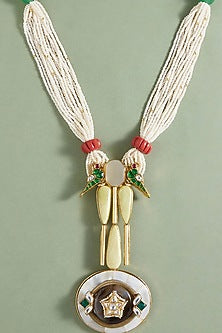 Gold Finish Pearls & Agate Stone Handcrafted Enameled Pendant Necklace