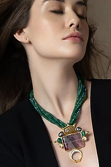 Green Freshwater Pearls & Agate Stone Handcrafted Enameled Pendant Necklace
