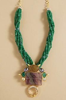 Green Freshwater Pearls & Agate Stone Handcrafted Enameled Pendant Necklace