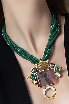 Green Freshwater Pearls & Agate Stone Handcrafted Enameled Pendant Necklace