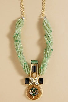 Gold Finish Green Agates & Onyx Enameled Pendant Necklace