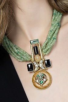 Gold Finish Green Agates & Onyx Enameled Pendant Necklace