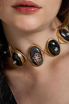 Gold Finish Onyx Handcrafted Enameled Choker Necklace
