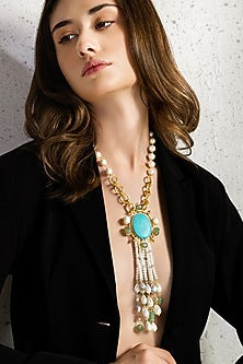 Gold Finish Turquoise Stone & Jade Beaded Enameled Long Necklace