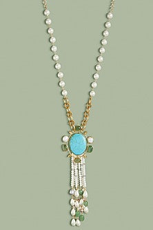 Gold Finish Turquoise Stone & Jade Beaded Enameled Long Necklace