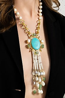Gold Finish Turquoise Stone & Jade Beaded Enameled Long Necklace