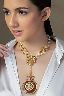Gold Finish Agate Stone & Pearl Enameled Long Necklace