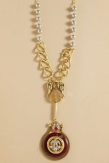 Gold Finish Agate Stone & Pearl Enameled Long Necklace