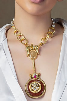 Gold Finish Agate Stone & Pearl Enameled Long Necklace