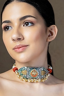Two-Tone Finish Hydro Polki & Coral Beaded Handcrafted Enameled Choker Necklace