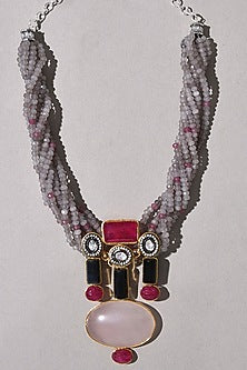 Multi-Colored Rose Quartz & Agate Beaded Twisted Necklace