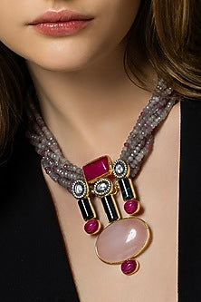 Multi-Colored Rose Quartz & Agate Beaded Twisted Necklace