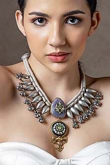 Silver Finish Agates & Hydro Emerald Enameled Bohemian Necklace
