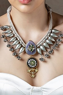 Silver Finish Agates & Hydro Emerald Enameled Bohemian Necklace