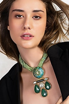 Green Drops & Agate Beaded Enameled Bohemian Necklace
