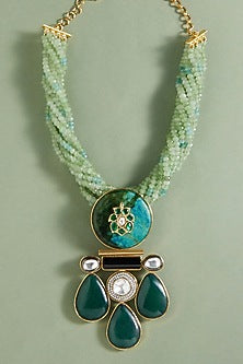 Green Drops & Agate Beaded Enameled Bohemian Necklace