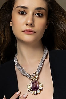 Multi-Colored Agate & Amethyst Stone Enameled Handcrafted Pendant Necklace
