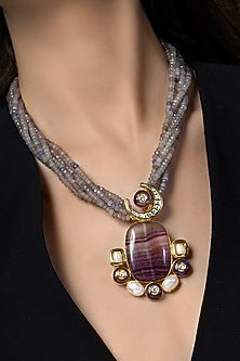 Multi-Colored Agate & Amethyst Stone Enameled Handcrafted Pendant Necklace