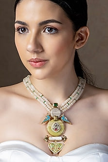 Gold Finish Agate & Kundan Polki Enameled Handcrafted Pendant Necklace